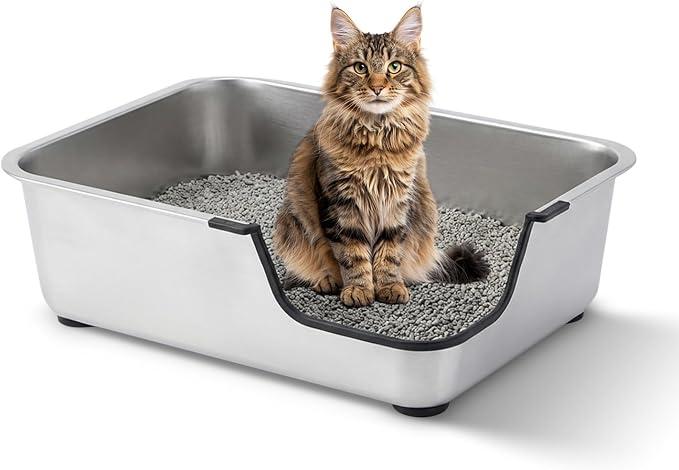 Stainless Steel Cat Litter Box with Low Entry, Metal Kitty Litter Box for Senior or Injured Cats, Odor-Free, Non-Stick, Easy to Clean, 19.5"x13.6"x5.9", Litter Pan for Big and Small Cats