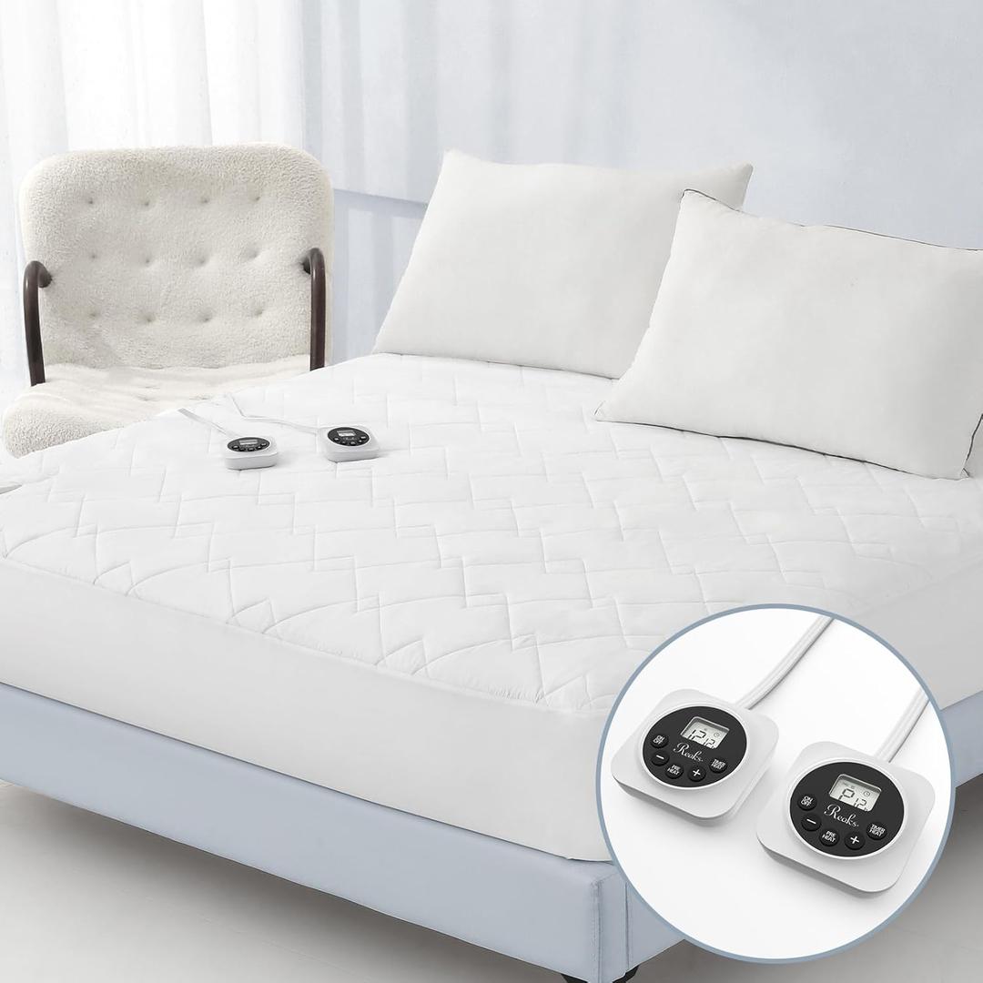 King Size Electric Heated Mattress Pad - Quilted Bed Warmer with Memory & Preheat Functions, 12 Heat Settings Dual Control for 1-12 Hours Auto Off, Lighted Button