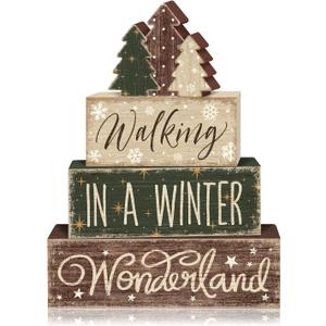 4 Pcs Christmas Decorations for Home Coffee Pine Tree Snowflake Table Decor Winter Wonderland Tiered Tray Decorations Set Gift Rustic Farmhouse Tabletop Decor for Table Home Office