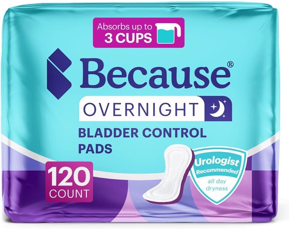 Because Incontinence Pads for Women - Extra Heavy Absorbency, Overnight Postpartum Incontinence Liners, 12hr Nighttime Leak-Free Protection, 6 Packs of 20 Count (120 Total)