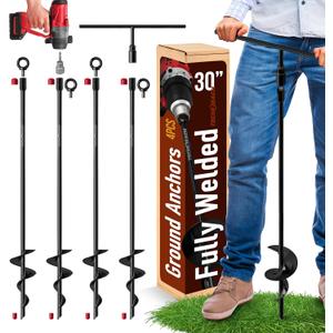 30 inch Ground Anchors Heavy Duty Screw in - Kit of 4 Fully Welded Earth Anchors - Long Spiral Tie Down Stakes for Swing Set Shed Trampoline Canopy Tree Tent - High Wind Anchor - Sand Auger Stake