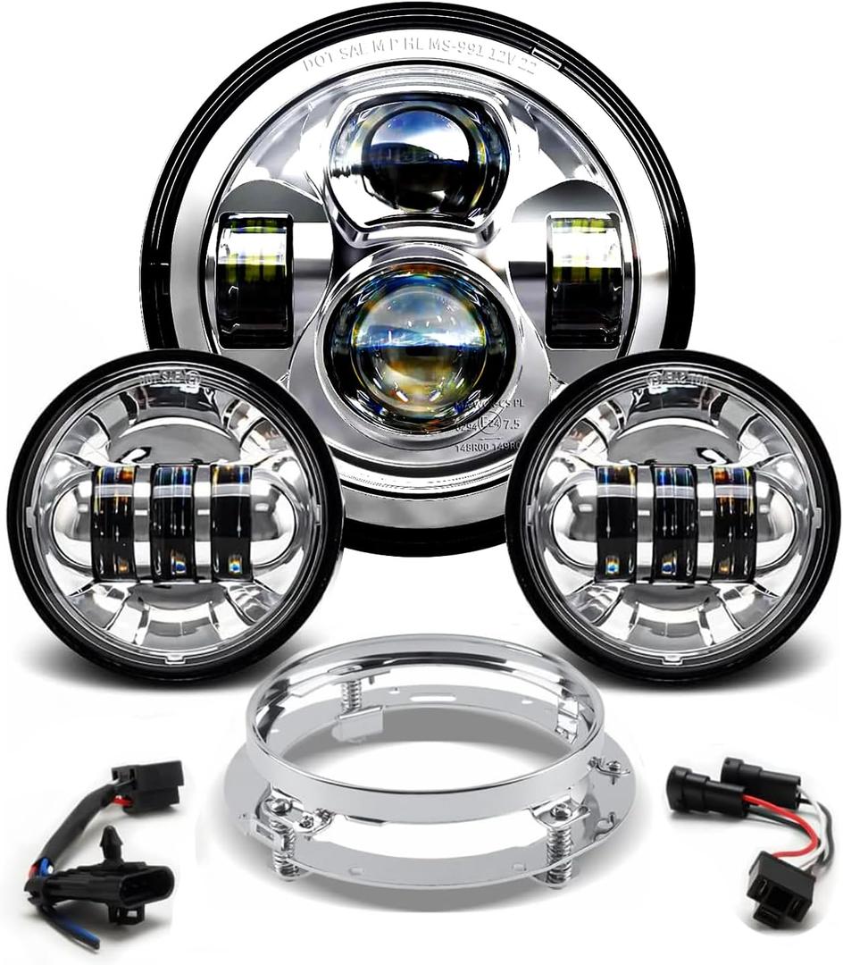 7 Inch LED Headlight & 4.5 Inch Fog Lights with Turn Signals Chrome Headlamp Assembly Kit Compatible with Harley Touring Street Glide, Road King, Ultra Classic 1989-2019 | DOT Approved