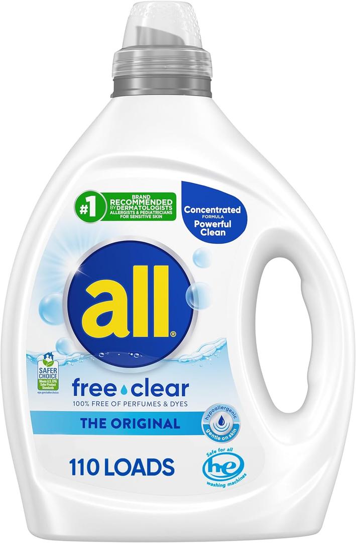 all free clear, Original, Liquid Laundry Detergent for Sensitive Skin, Unscented and Hypoallergenic, Concentrated, 82.5oz, 110 Loads