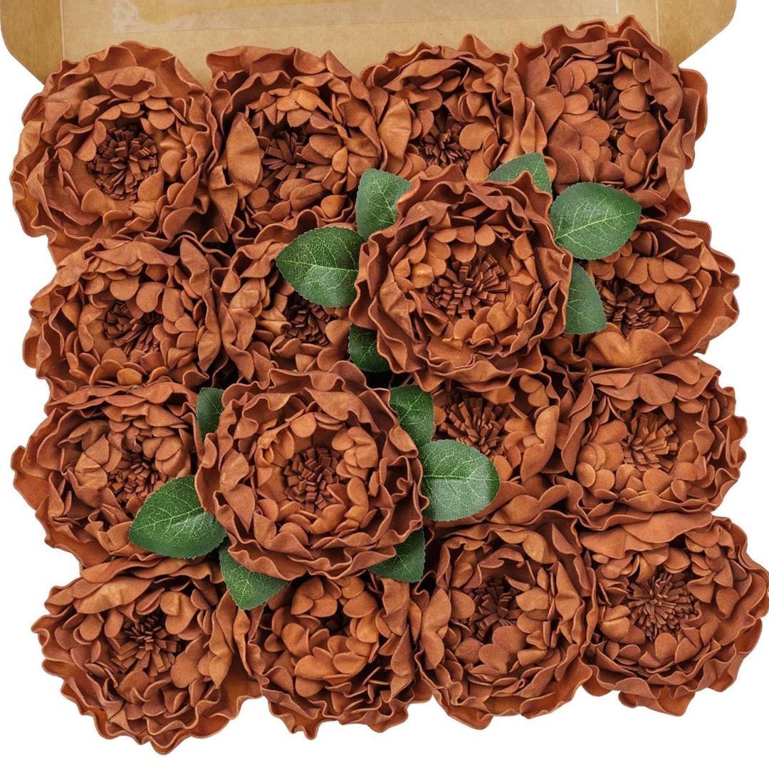 TINGE TIME Artificial Blooming Peony Flowers for Decoration Real Looking 16pcs Burnt Orange Fake Flowers with Stem for DIY Wedding Bouquets Home Decor Centerpieces Bridal Shower Party