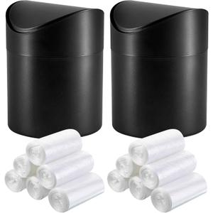 2 Pcs Desk Trash Can with Swing Lids, 12 Rolls of Trash Bags, 2L Brushed Stainless Steel Countertop Garbage Bin Small Wastebasket with Lid for Office Desk, Coffee Table (Black)