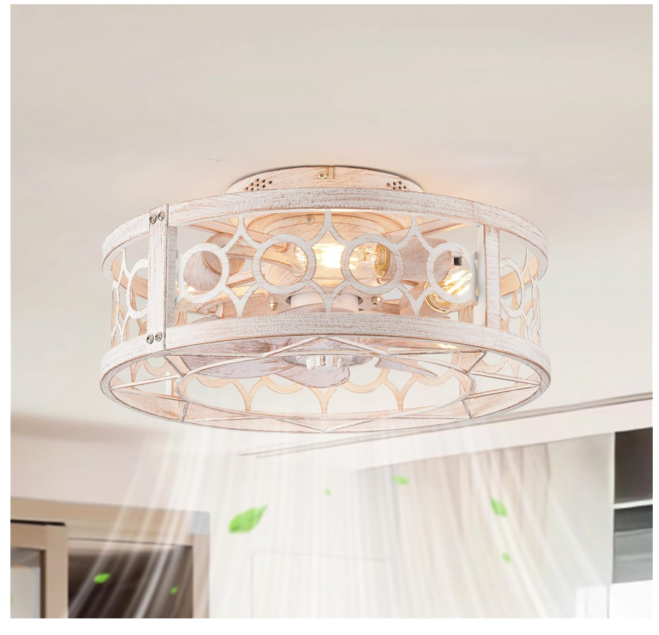 LEDIARY Caged Ceiling Fan with Light and Remote, 16in Small Low Profile Ceiling Fans with Lights, 6 Speed and Reversible Farmhouse Flush Mount Ceiling Fan for Bedroom, Kitchen, Living room