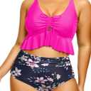 Daci Women Plus Size Two Piece Swimsuits  High Waisted Bikini Set Ruffle Tummy Control Bathing Suits with Bottom Pink Flower 22 Plus