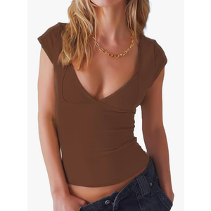 ForeFair Women Sexy Deep V Neck Backless Tank Top Slim Fit Summer Casual Y2k Crop Short Sleeve Top, M