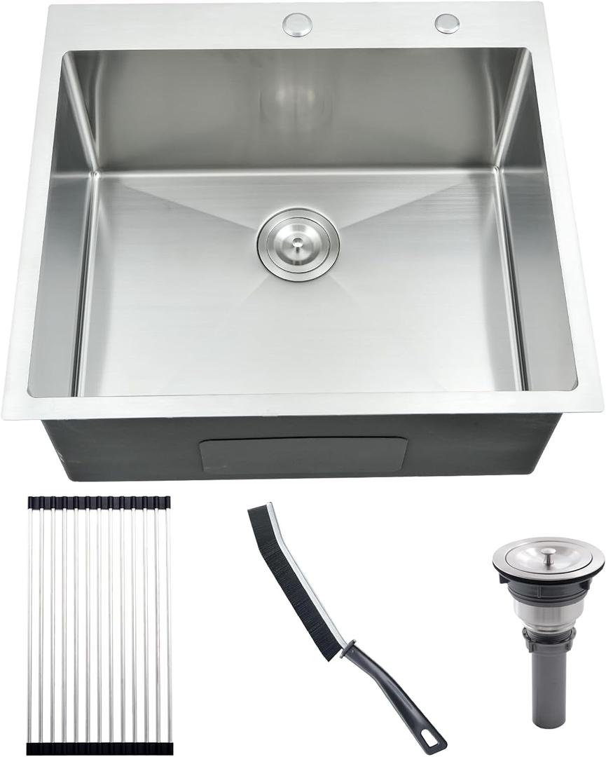 25 Inch Laundry Sink, 25x22 Drop in Kitchen Sink Stainless Steel Utility Sink with Cleaning Brush 12 Inch Deep Single Bowl 16 Gauge Laundry Room Outdoor Basin