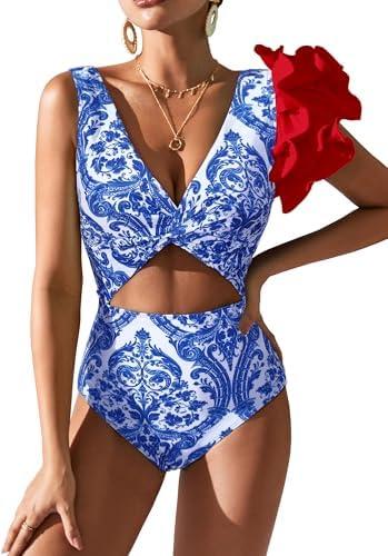 SPORLIKE Women One Piece Swimsuit Twist Front Flounce Bathing Suit Padded Monokini, Medium