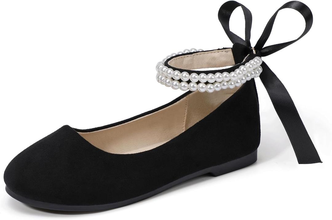 Hehainom Toddler Girls Dress Shoes Flower Girl Little Kids Mary Jane Ballet Flats Pearls Bow Wedding Party Communion Shoes (Blacksuede)