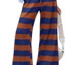 Yousify Womens Striped Wide Leg Flare Pants Casual Drawstring Elastic Waist Loose Yoga Lounge Pant with Pockets (Large, Brown)