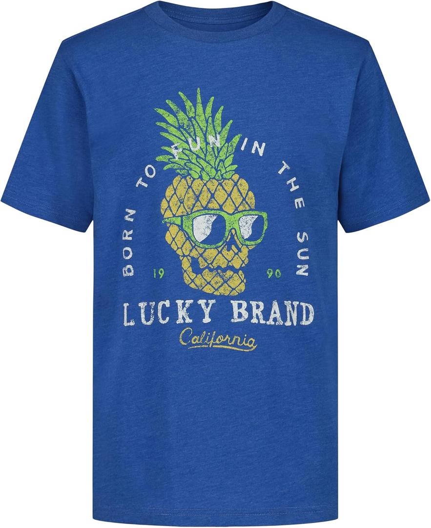 Lucky Brand Boys' Short Sleeve Graphic Crew Neck T-Shirt, Soft, Comfortable, Relaxed Fit, Pineapple Delft Heather, 14-16