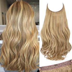 SARLA Invisible Wire Hair Extensions with 3 Clips Long Wavy Curly Synthetic Hairpiece for Women Adjustable Transparent Headband 16 Inch Sahara Beige