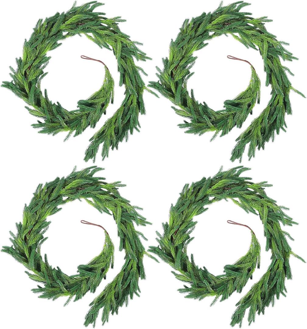 Rowfad 4 Pcs 6 Ft Christmas Norfolk Pine Garlands, Faux Pine Garland, Realistic Green Fake Greenery Garland for Christmas Table, Mantle, Wall, Indoor, Outdoor Holiday Winter Decorations (4, 6 FT)