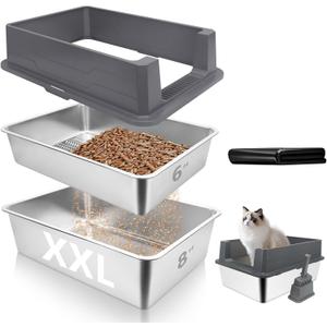 XXL Stainless Steel Sifting Litter Box,27.6''x19.7''x8''Extra Large Pellet Cat Litter Box,Metal Sifting Litter Boxes for Pine Pellets,Anti Urine Leakage,Include Scoop&25Pcs Litter Bags