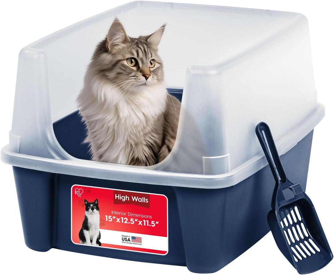 IRIS USA Cat Litter Box Large Open Top with High Sided Walls Tall Scatter Shield Scoop Included Easy Clean Plastic Pan Stain Resistant for Big Cats Kittens Indoor Multi-Cat Households