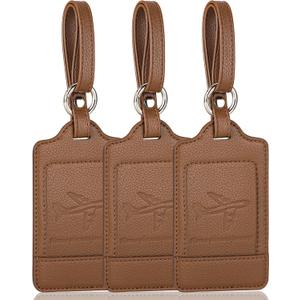 Teskyer Luggage Tags, 3 Pack Premium PU Leather Luggage Tags for Suitcases, Privacy Protection Travel Bag Tags, Lichee Coffee