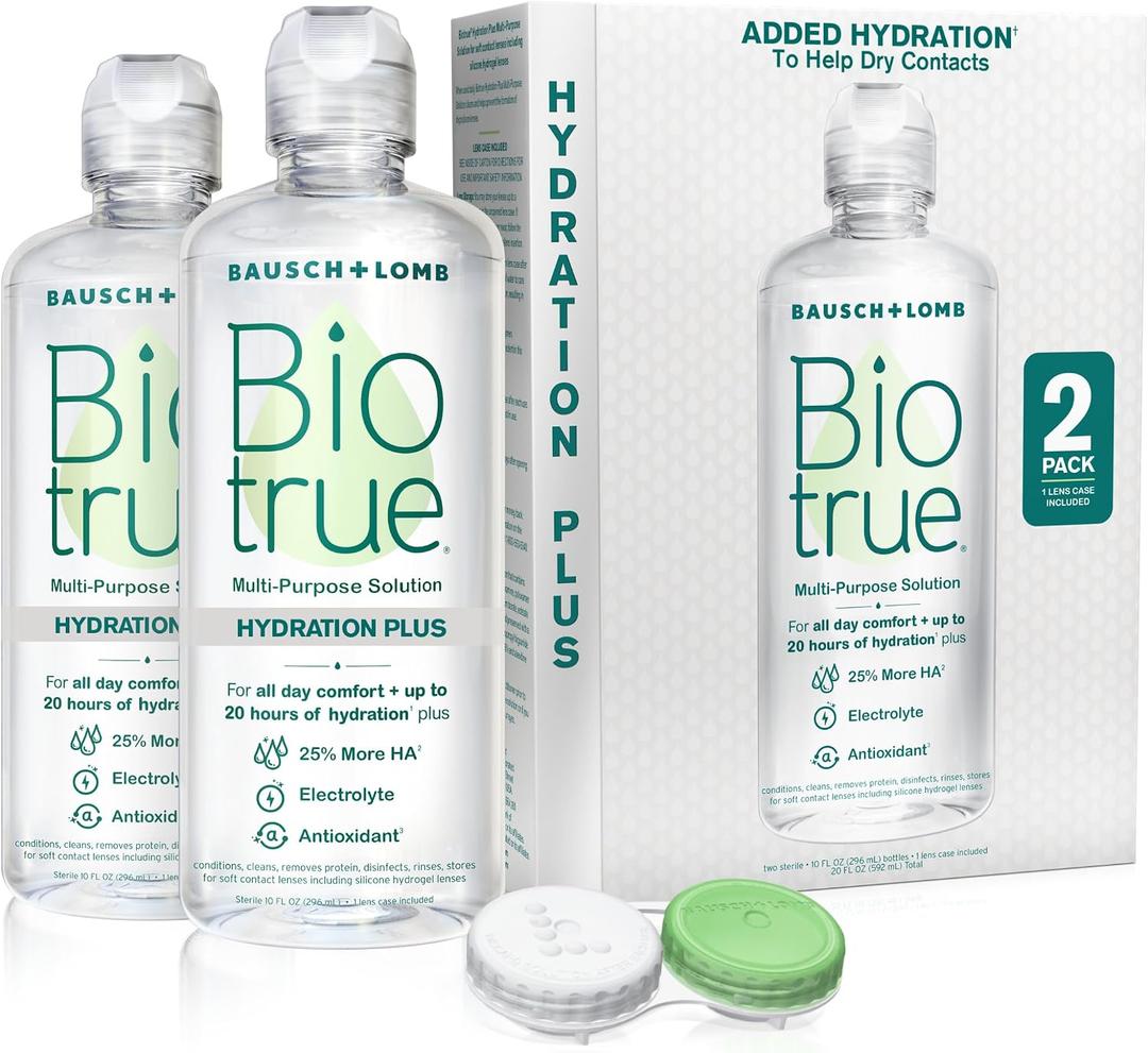 Biotrue Hydration Plus Contact Lens Solution with Lens Case, Multi-Purpose Solution for Soft Lenses, Hydrates with Hyaluronan, Cleans, Clears, and Disinfects for All-Day Comfort, 10 Fl Oz (Pack of 2)