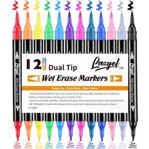 Wet Erase Markers Dual Tip, Lazgol 12 Assorted Colors, Dual Tip Brush & Fine Overhead Transparency Smudge Free Markers for Dry Erase Whiteboard, Refrigerator Calendars, Glass, Films and Any Kind of