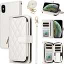 Argyle Wallet Case for iPhone Xs X 10 10s with Wrist Strap Shoulder Strap Card Slot Zipper Purse, PU Leather Stand Phone Cover for iPhoneX iPhoneXs iPhone10 i PhoneX SX 10x 10xs Xs White