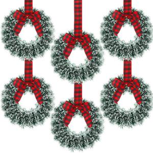 Capoda 6 Pcs Christmas Wreaths with Bow 10.24 Inch Buffalo Plaid Tinsel Wreaths Crafts for Front Door Outdoor Kitchen Cabinet Home Window Wall Xmas Hanging Decorations(Red and Black)