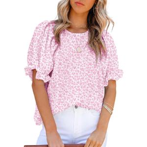 Dokotoo Floral Print Blouses for Women Crewneck Smocked Puff Sleeve Shirts Casual Babydoll Tops (Pink, XXL)