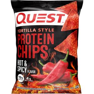 Quest Nutrition Tortilla Style Protein Chips, Hot & Spicy, 19g of Protein, 4g Net Carbs, High Protein, Gluten Free, 1.1 Ounce (Pack of 12), BB Date 08/01/2026