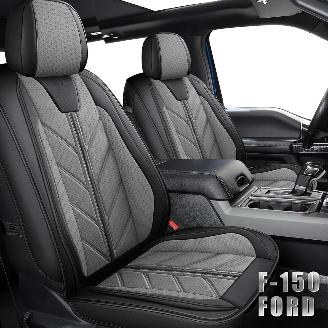 Truck Seat Covers Compatible with Ford F-150 2009-2025 XL XLT Lariat King Ranch Platinum Tremor Pickup Faux Leather Cushion Protector Fit Ford F150 Crew Cab(Black+Gray, Front Seat)
