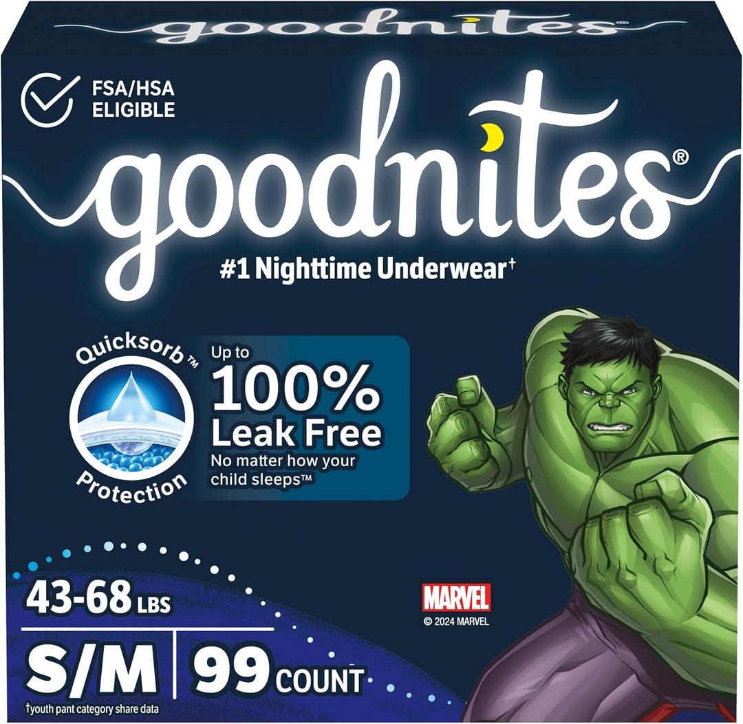 Goodnites Boys' Bedwetting Underwear, Size S/M (43-68 lbs), 99 Ct (3 Packs of 33), Packaging May Vary