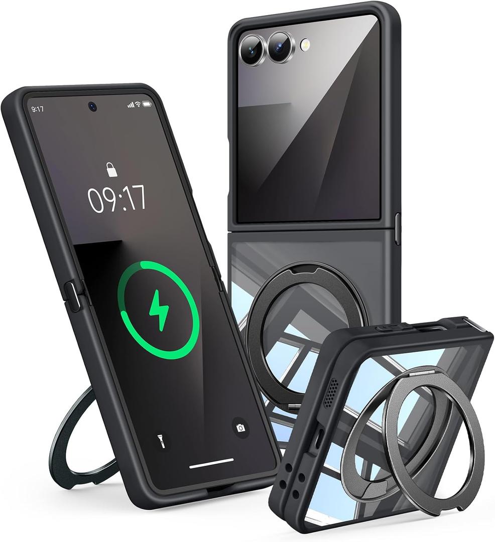 360 Spin Magnetic Stand Case for Galaxy Z Flip 7 Fit for MagSafe & Pixelsnap Cover with Ring Holder No-Yellow Crystal Clear Camera Protection Phone Samsung Galaxy Z Flip 7 Case - Black