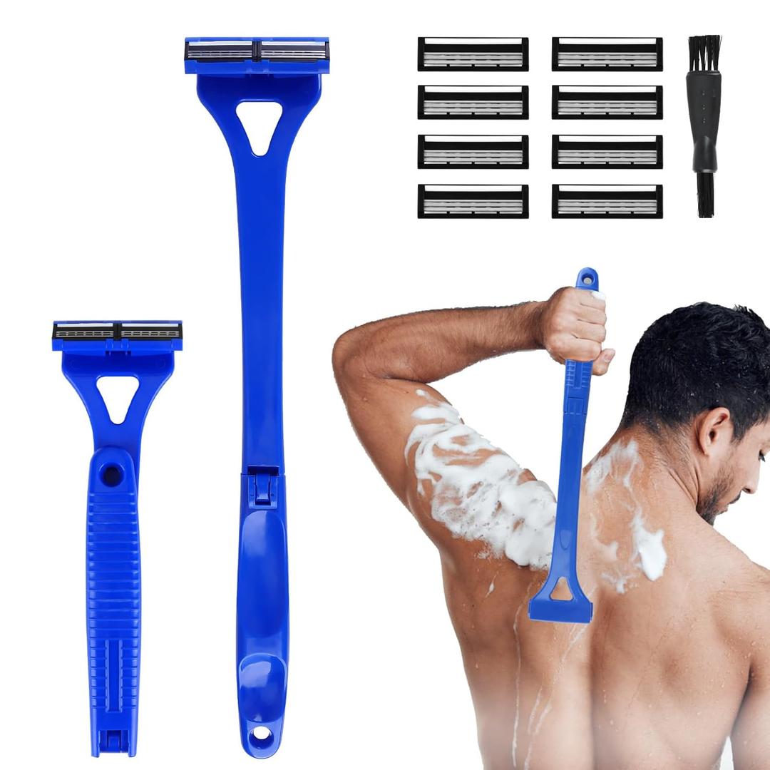 Back Shaver for Men with Foldable Ergonomic Long Handle: Triple-Blade Razor for Smooth Shaves, Wet & Dry Grooming, 8 Replacement Blades, Ideal for Back Chest Body Hair Removal