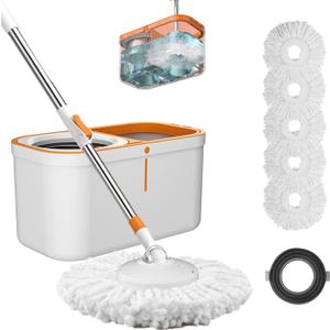 Floor Spin Mop and Bucket Set with Wringer System Extended Stainless Steel Handle 61for Home Floor Cleaning Use with 5 Replacement Head Refill and 1 Cleaning Brush Head (White & Orange)