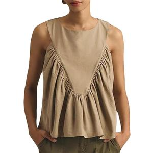 Tanming Womens Sleeveless Peplum Top Swing Tank Loose Fit Back Button Casual Blouse Ruffled Shirts XS
