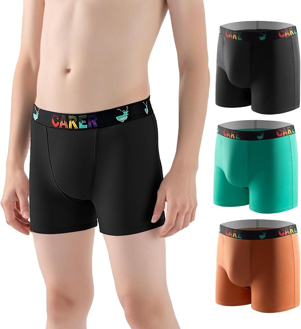 Carer 3 Pack Boys Incontinence Underwear Washable Reusable Kids Cotton Incontinence Boxer Briefs with Front Absorbency Leakproof Underwear for Youth Boys Age 4-18 M(Orange/Green/Black)