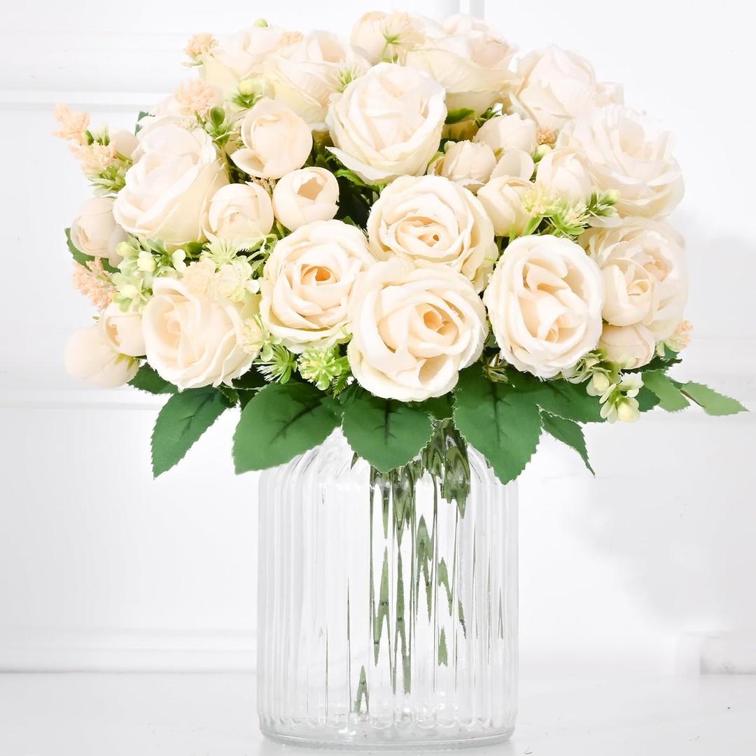 Yastouay Fake Roses Artificial Flowers, 6 Pack Rose Fake Flowers for Decoration, Real Touch Champagne Roses Bouquets Silk Flowers for Vase Centerpiece Table Wedding Party Bridal DIY Decor