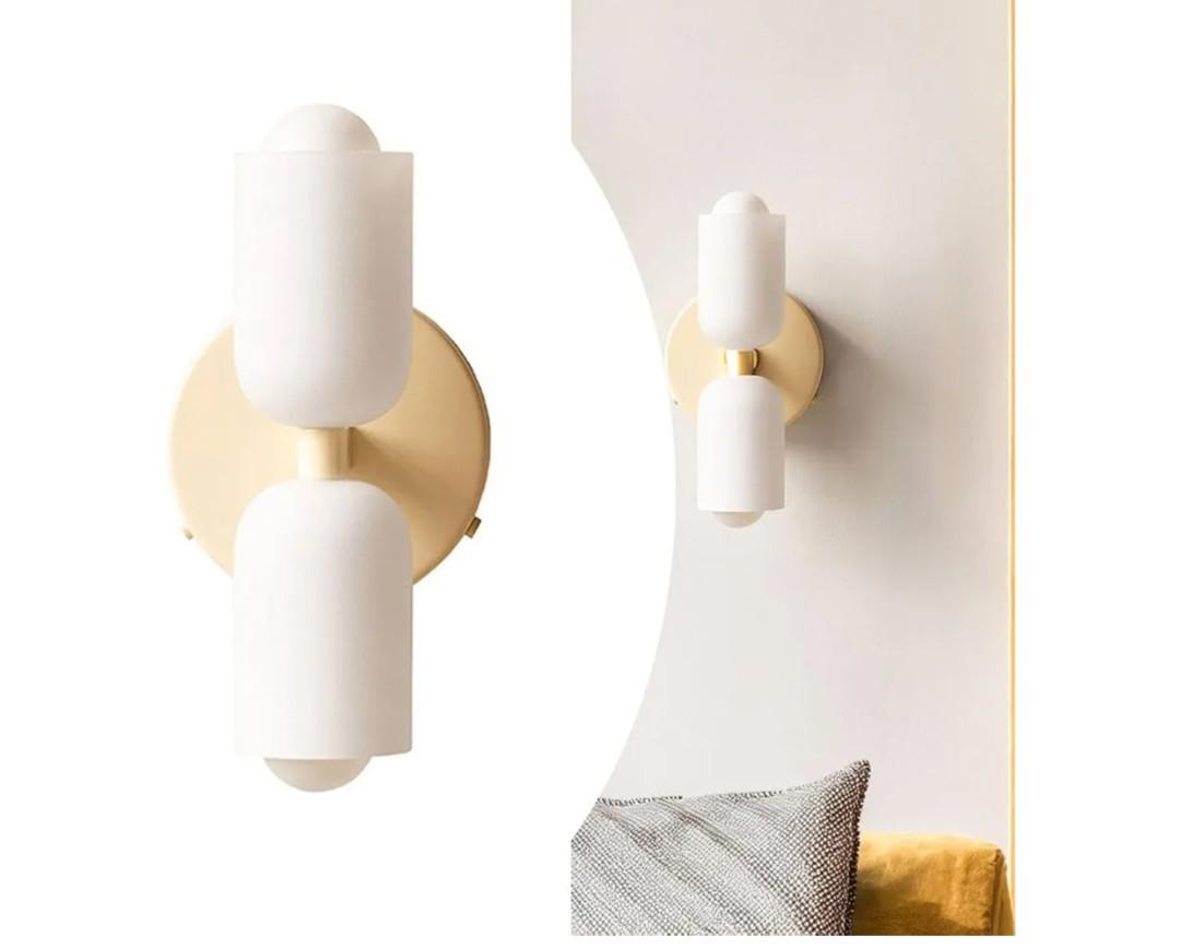 Double Cylinder Wall Sconce, Mid Century Modern Gold Vanity Light Fixture with White Glass Shade, 2-Light Bedside Wall Lamp, Decorative Wall Lighting for Bathroom, Bedroom, Living Room, Hallway(White)