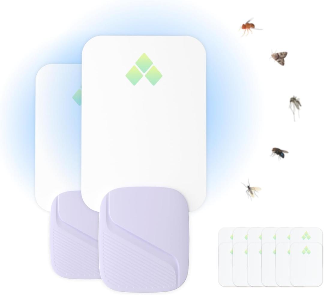 Fruit Fly Traps for Indoors, Fly Traps Home, Flying Insect Trap Catcher for Flies, Gnats, Moths and Mosquitoes (2 Devices + 12 Glue Boards)