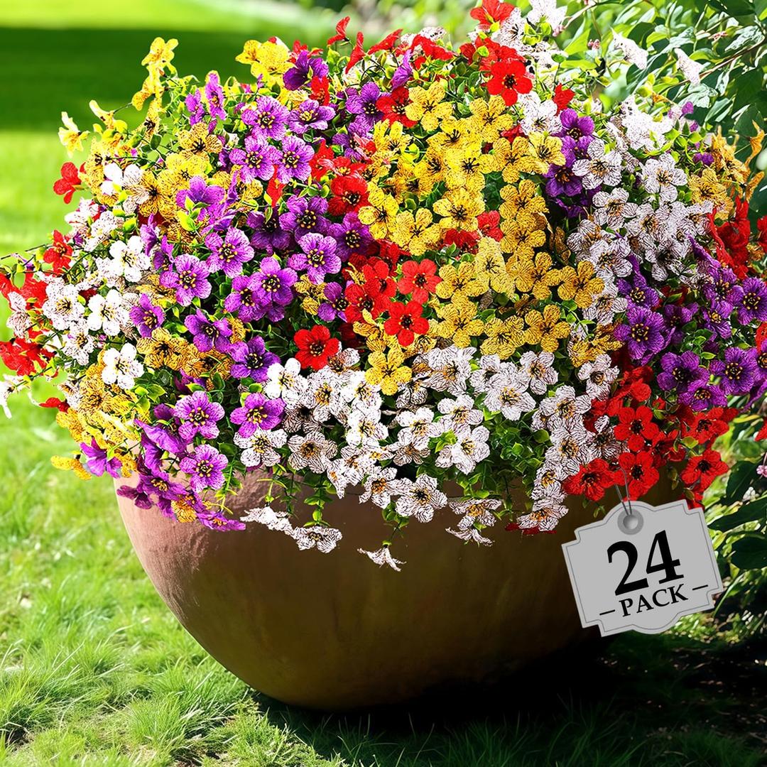 Artifical Flowers for Outdoors,24 Bundles Uv Resistant Artificial Outdoor Flowers for Decoration,Realisic Fake Flowers for Planters,Faux Silk Flowers for Outside Home Decor Indoor Window Box Vase