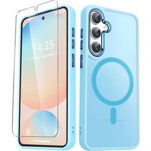 YENAPOON for Samsung Galaxy S25 Case, Matte Magnetic Phone Case with 1 Screen Protector, Support for Magsafe, Translucent Frosted Shockproof Protective Cover for Samsung Galaxy S25, Light Blue
