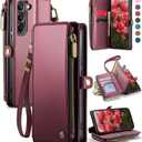 Defencase Compatible with Samsung Galaxy S22 5G Case Wallet with RFID Blocking Card Holder for Women Men, PU Leather Magnetic Snap Flip Zipper Strap Wallet Phone Case Fit for Galaxy S22 6.1", Wine Red