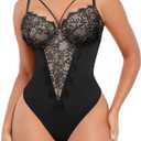 SHAPELLX Womens Lace Bodysuit for Large Bust Tummy Control Shapewear Backless Corset Top V Neck Thong Body Suits Shaper Size M