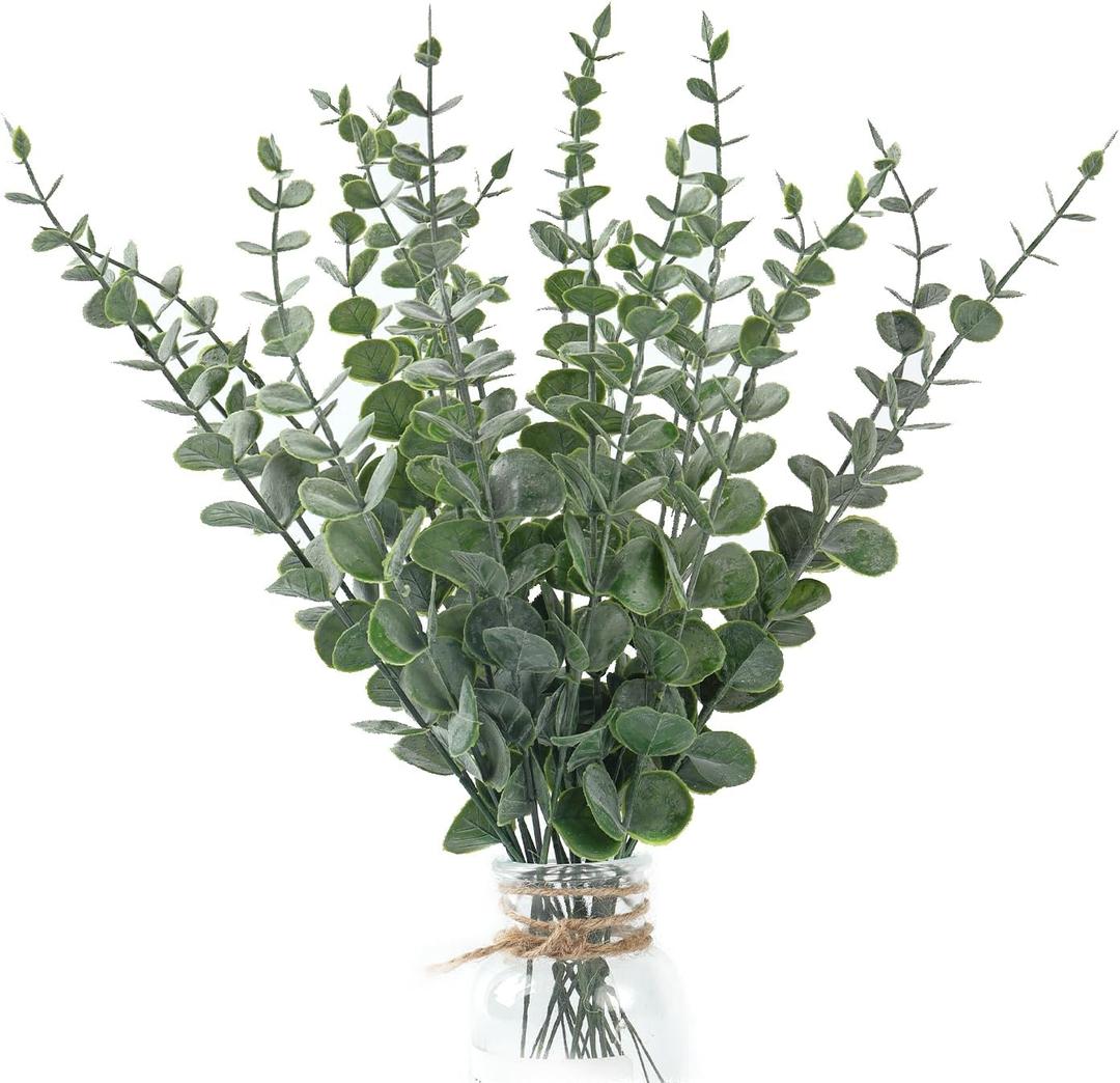 Fake Plants, 20Pcs Eucalyptus Stems Artificial Flowers, Fake Eucalyptus Leaves Stems, Plastic Grey Green Touch Leaf Branches for Home Office Flowers Bouquet Centerpiece Wedding Decoration