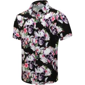 SheLucki Hawaiian Shirt for Men, Unisex Summer Beach Casual Short Sleeve Button Down Shirts, Printed Palmshadow Clothing (Blue, L)