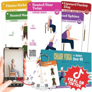 POCAZONE Chair Yoga for Seniors Over 60 Book and Chart, 30 Poses with Video Guide, Spiral Bound, Large Print, 30-Day Laminated Chart, Seated Exercises for Weight Loss, Flexibility