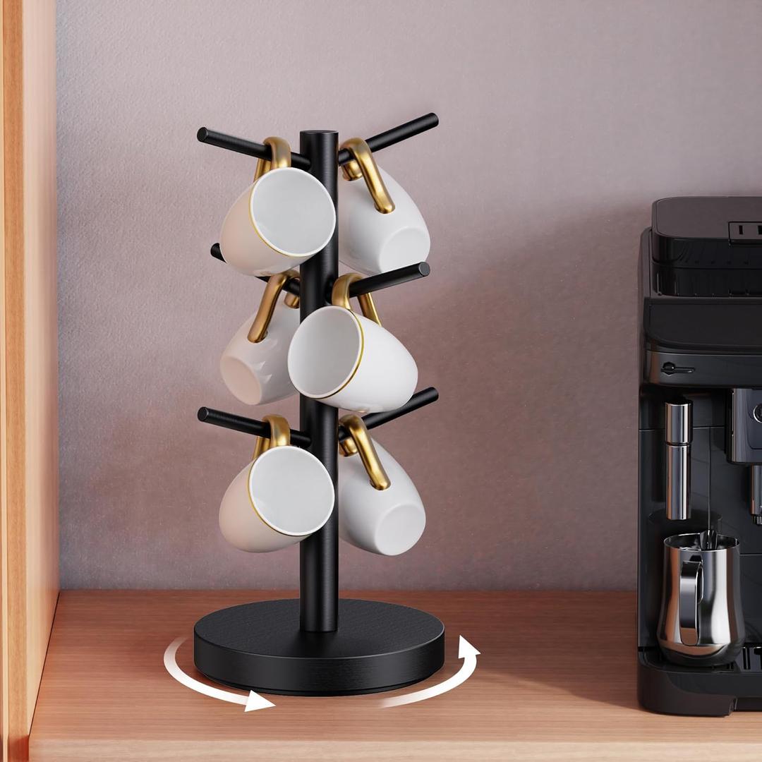 Coffee Mug Holder Tree, Upgraded 360 Rotated Cup Holder for Counter, Wood Mug Rack with 6 Hooks, Coffee Mug Organizer Station, Mug Stand Bar Accessories, Black