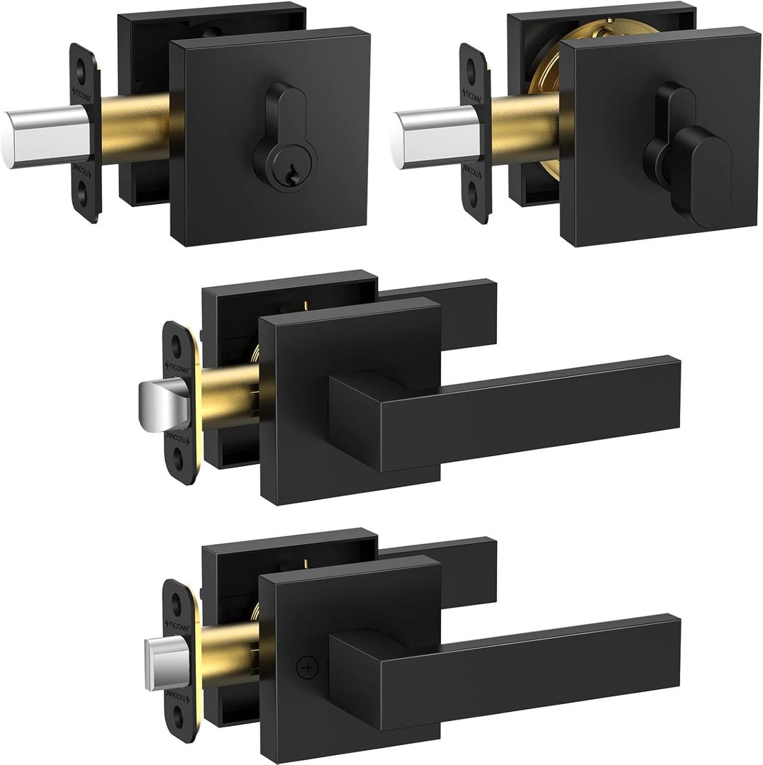 TICONN Matte Black Door Handle Heavy Duty, Reversible Square Door Lever for Bedroom, Bathroom, Rooms (Deadbolt with Passage Lever - Keyed Alike, 2 Pack)