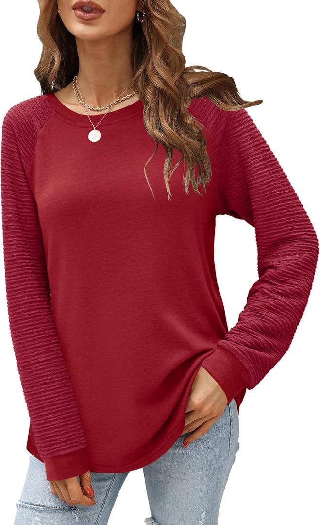 Aifer Womens Long Sleeve Shirts Crew Neck Casual Tops Fashion Loose Fit Trendy Tunic Outfits Clothes (Red, S)