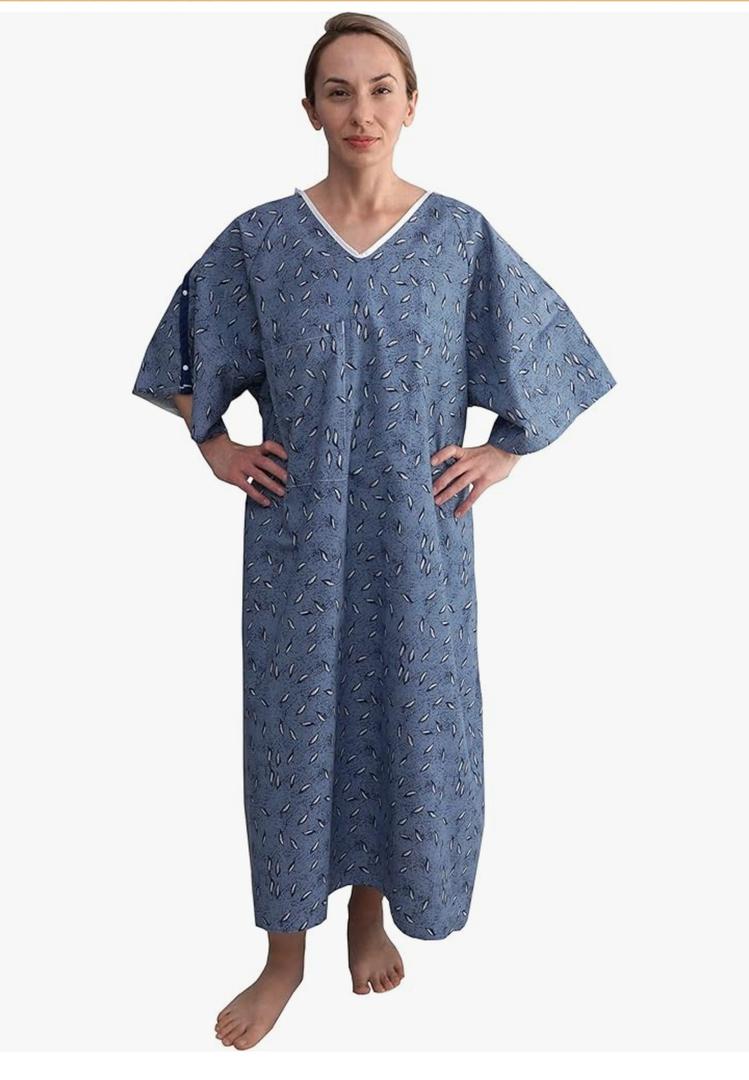 1 PK 3XL Hospital Gown – Blue Leaf Print V-Neck Unisex Patient Robe with Steel IV Shoulder Snaps Fits Men to 2XL & Women to 3XL