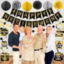 Retirement Party Decorations Black Gold Happy Retirement Banner with Paper Pom Poms Honeycomb Balls Hanging Swirl and Glitter Circle Dot Garland for Men Women Employee Farewell Going Away Party Decor